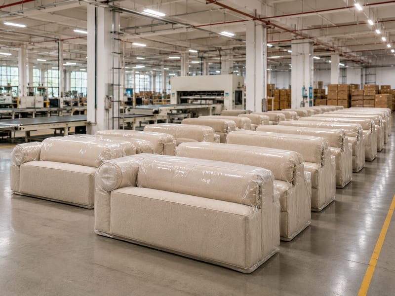 Wrapped sofas lined up on the factory floor before compression