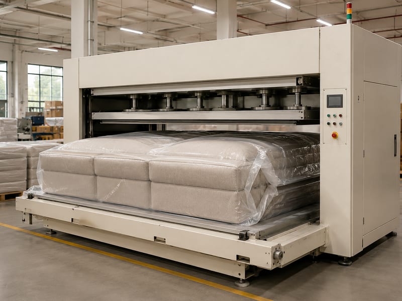 A sofa under the platen of a vacuum compression press