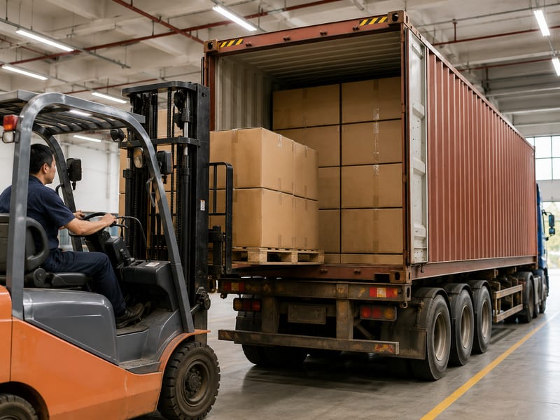 A forklift loading palletised cartons into a shipping container
