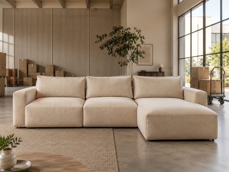 A sofa recovered to full form in a finished room