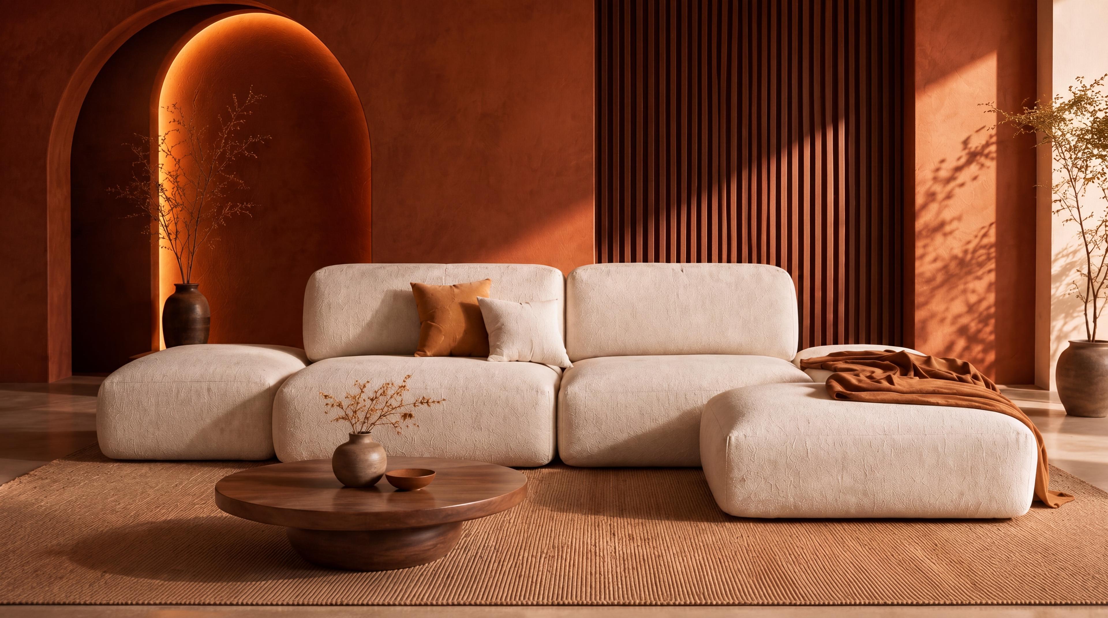 A warm archway living room with a cream boucle modular sectional and a round wood coffee table