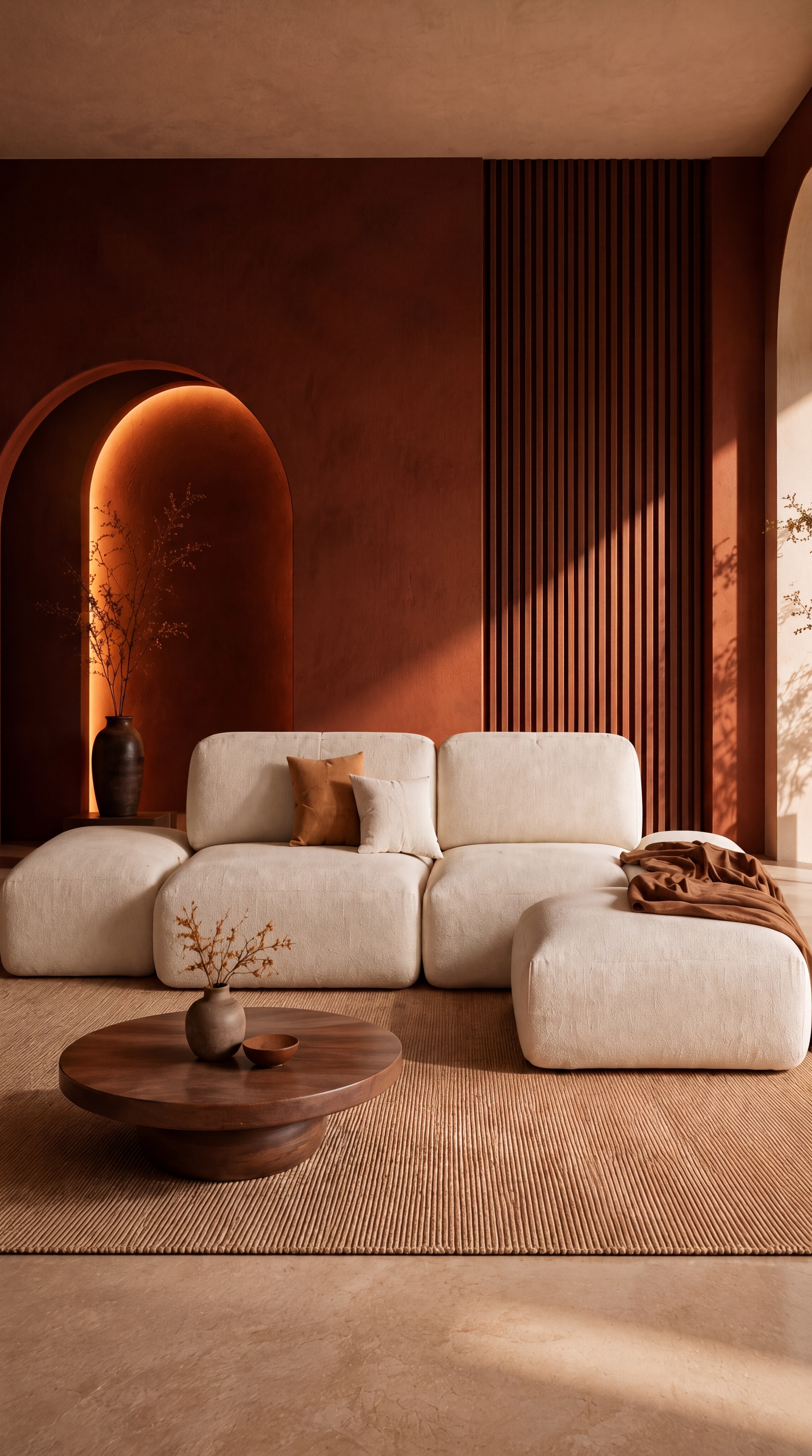 A warm archway living room with a cream boucle modular sectional and a round wood coffee table